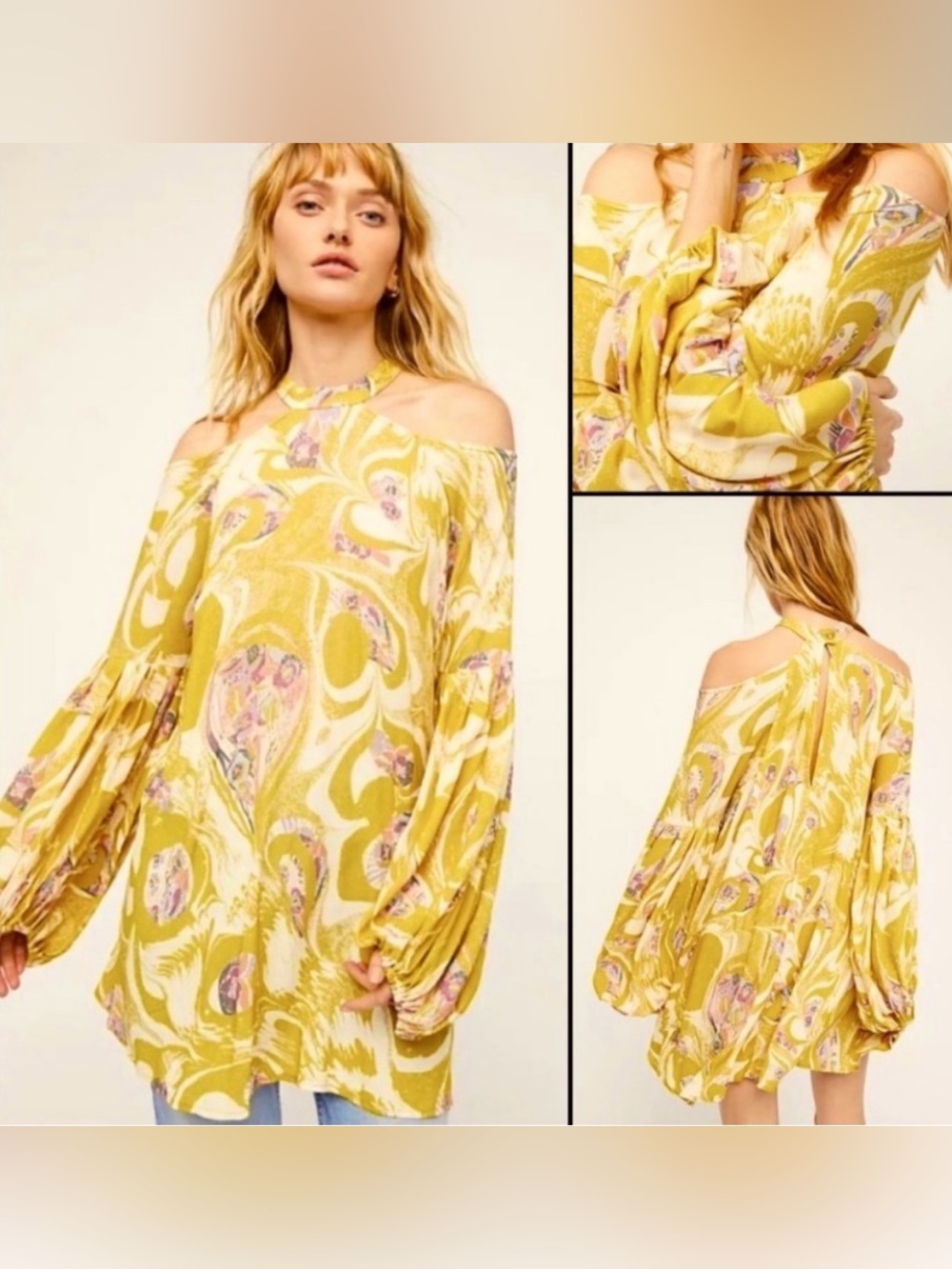 💛Free People "Drift Away" Boho Tunic in Chartreuse/Marigold